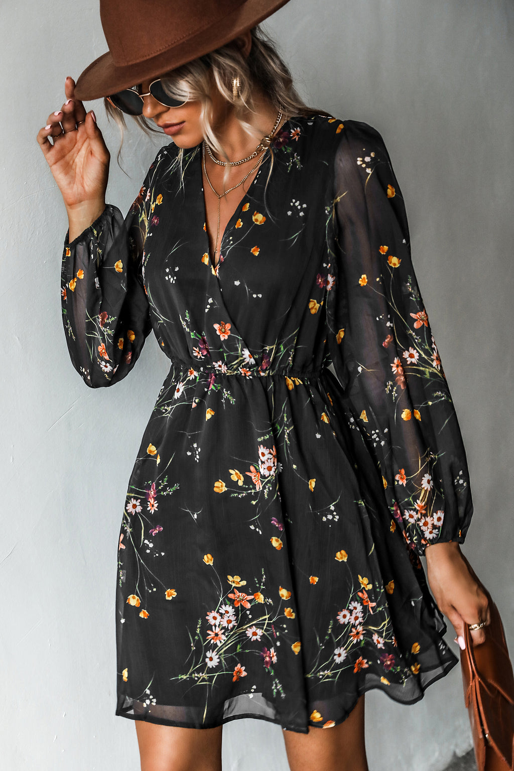 Black Floral Chiffon Long Sleeve Mini Dress