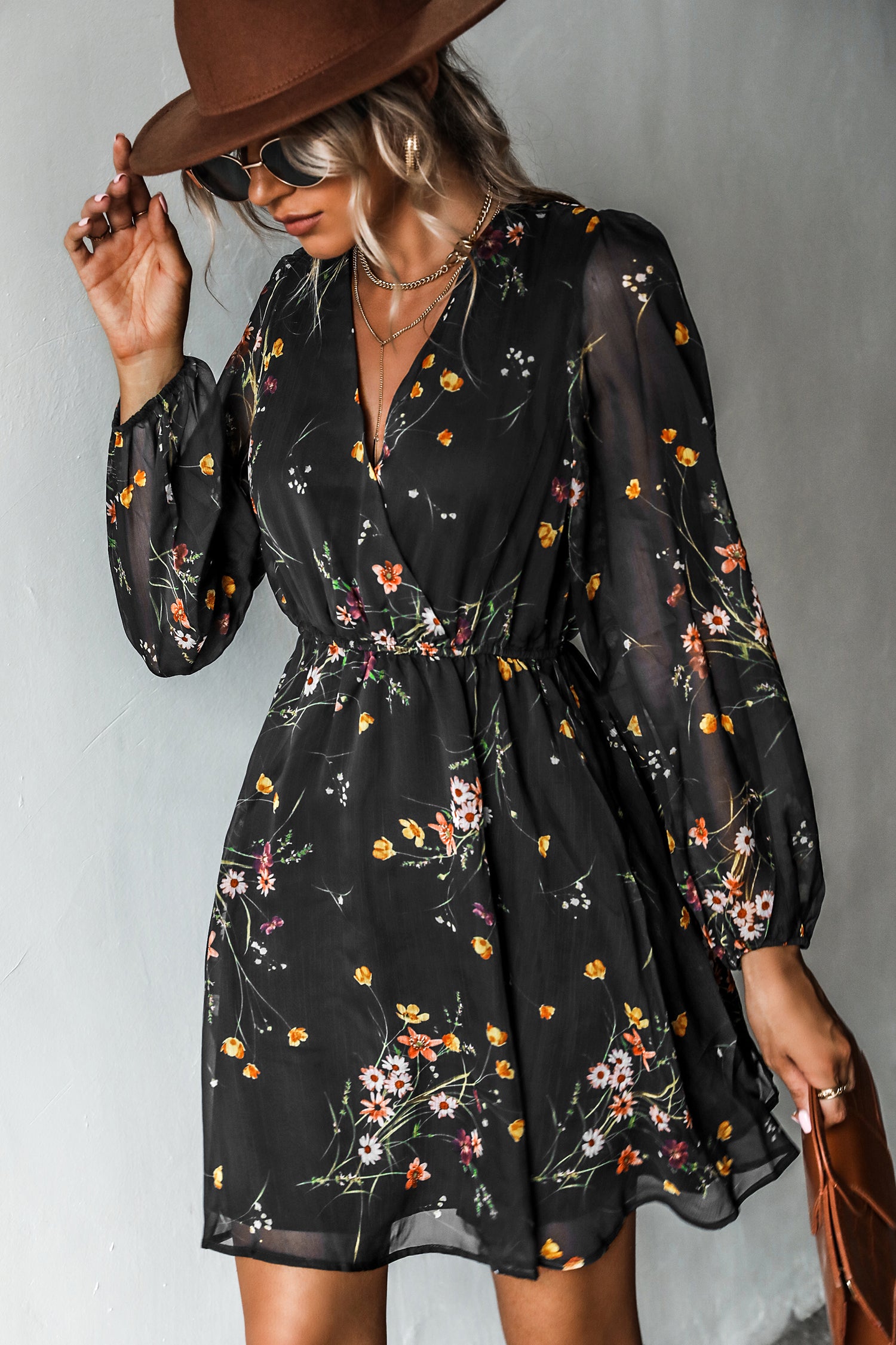 Black Floral Chiffon Long Sleeve Mini Dress