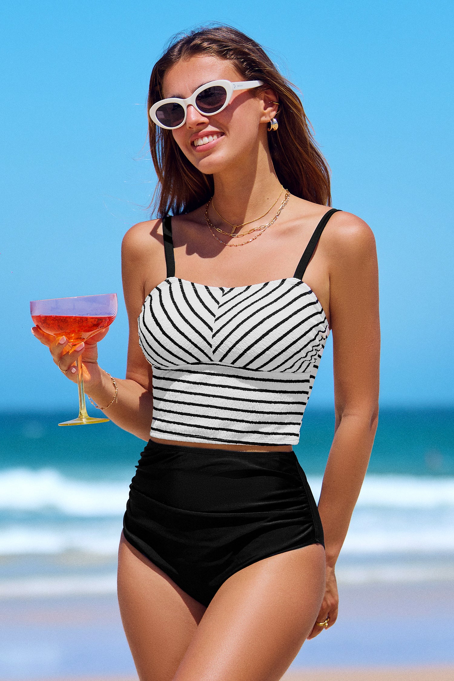 Striped Square Neck Tankini Top & High-Waisted Bottoms Set