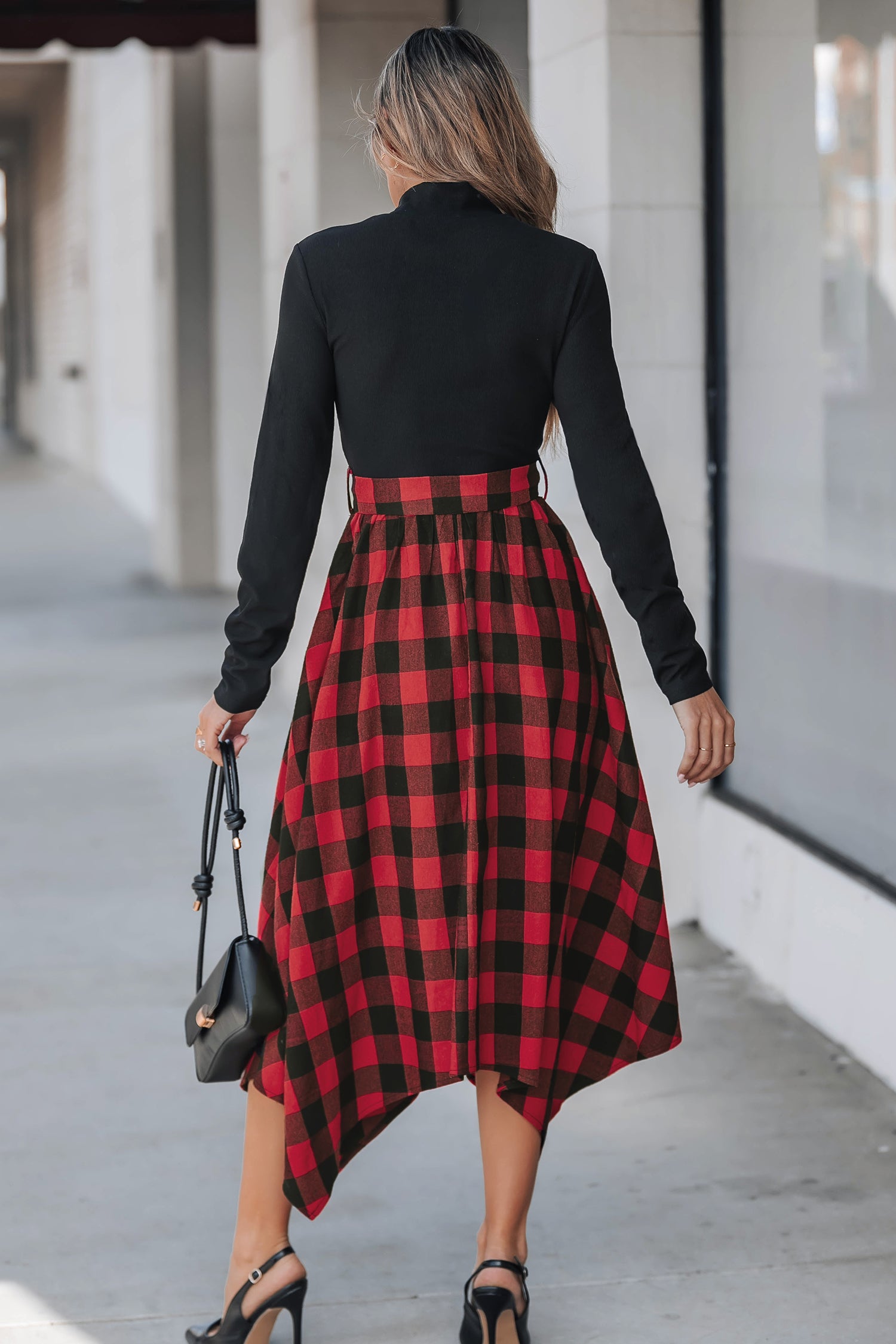 Black Mockneck Top Plaid Handkerchief Hem Skirt Midi Dress