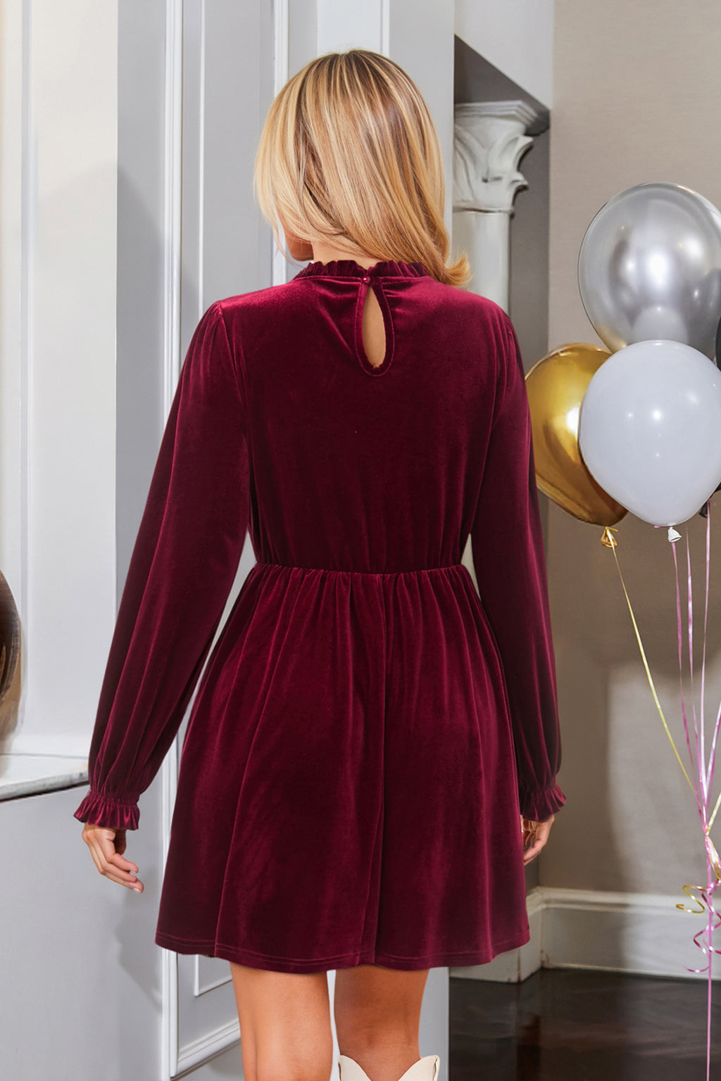 Burgundy Velvet Long Puff Sleeve Mini Dress