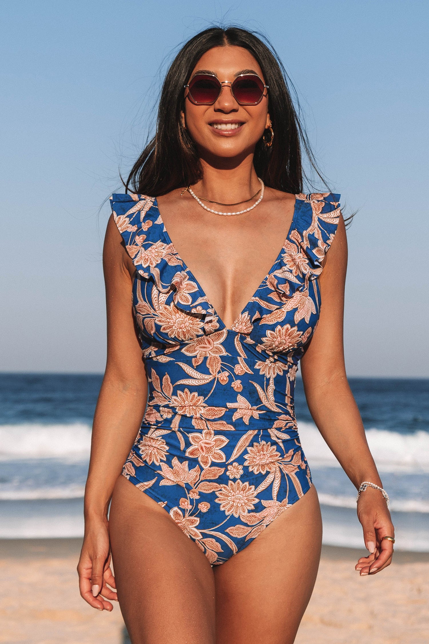 Floral Print Tummy Control Ruffled One-Piece