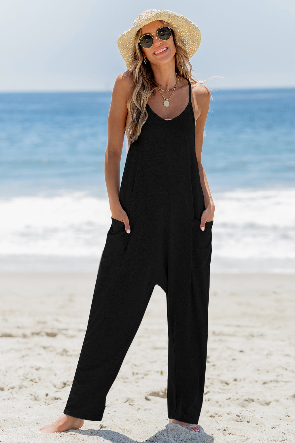 Black Sleeveless Scoop Neck Drop Crotch Jumpsuit