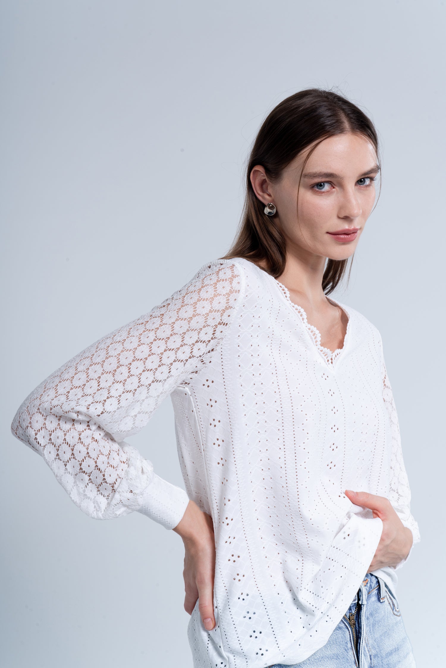 Cutout Scalloped Lace V-Neck Top