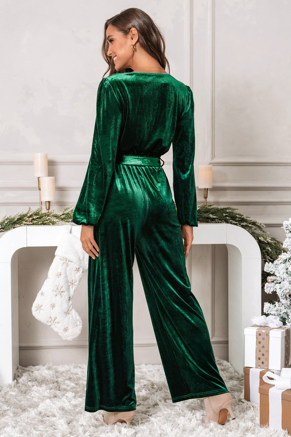 Green Velvet Long Sleeve Straight Leg Jumpsuit