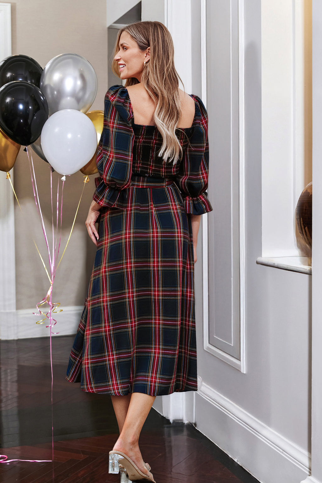Belted Plaid Smocked Maxi Dress