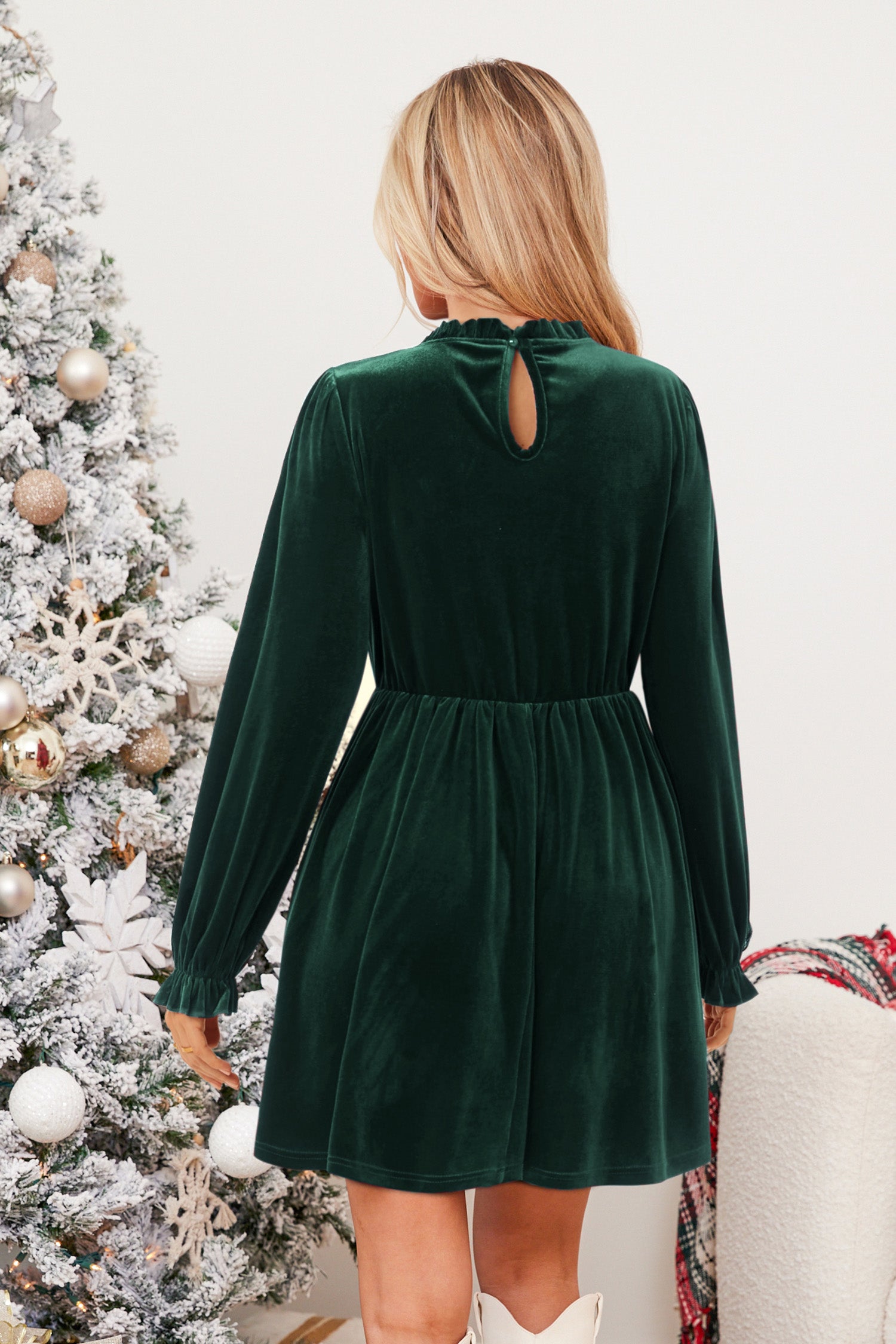 Green Velvet Puff Sleeve Mini Dress