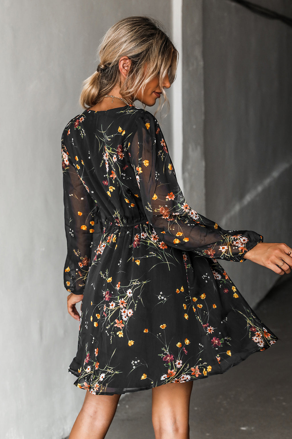 Black Floral Chiffon Long Sleeve Mini Dress