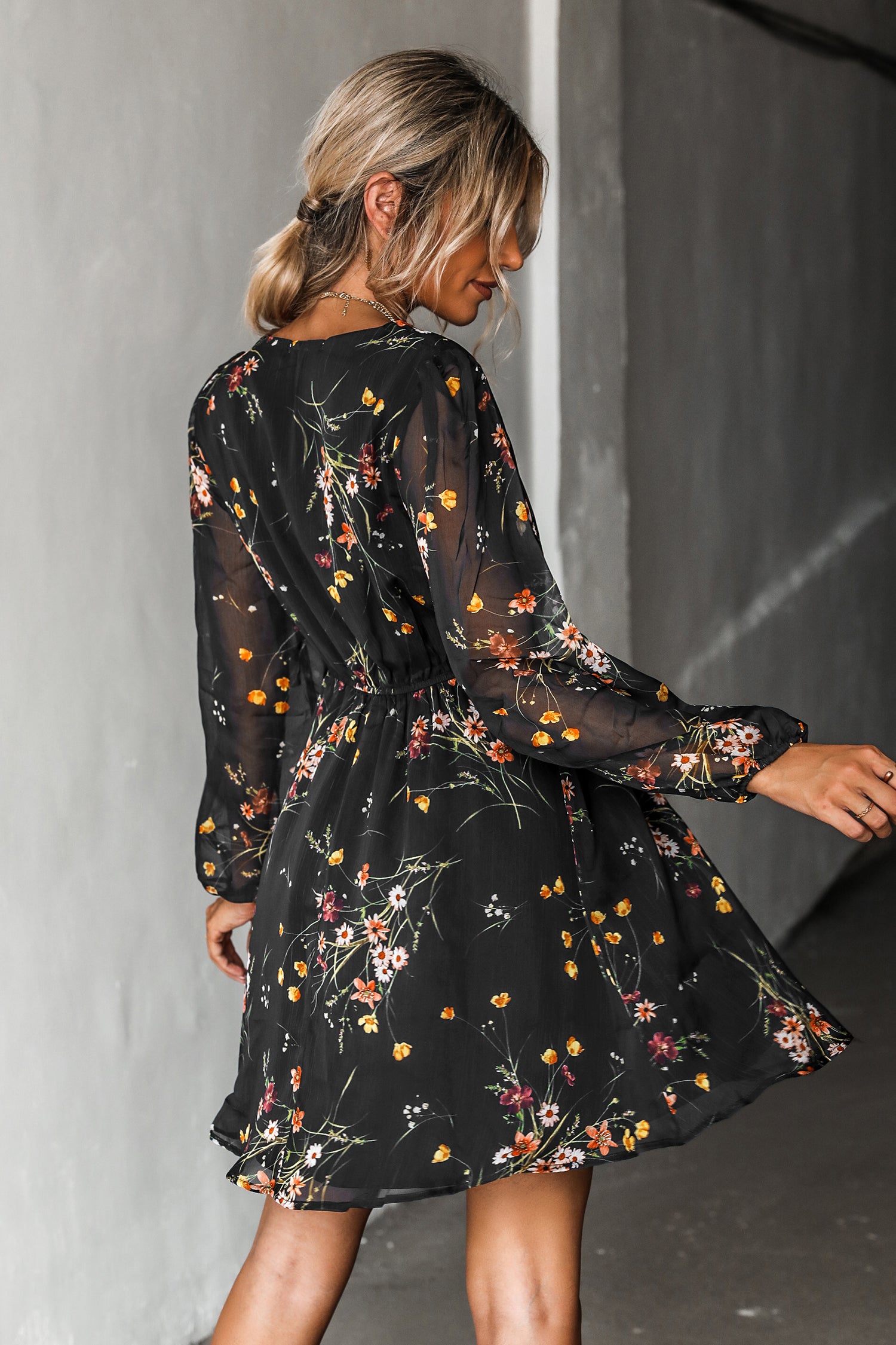 Black Floral Chiffon Long Sleeve Mini Dress