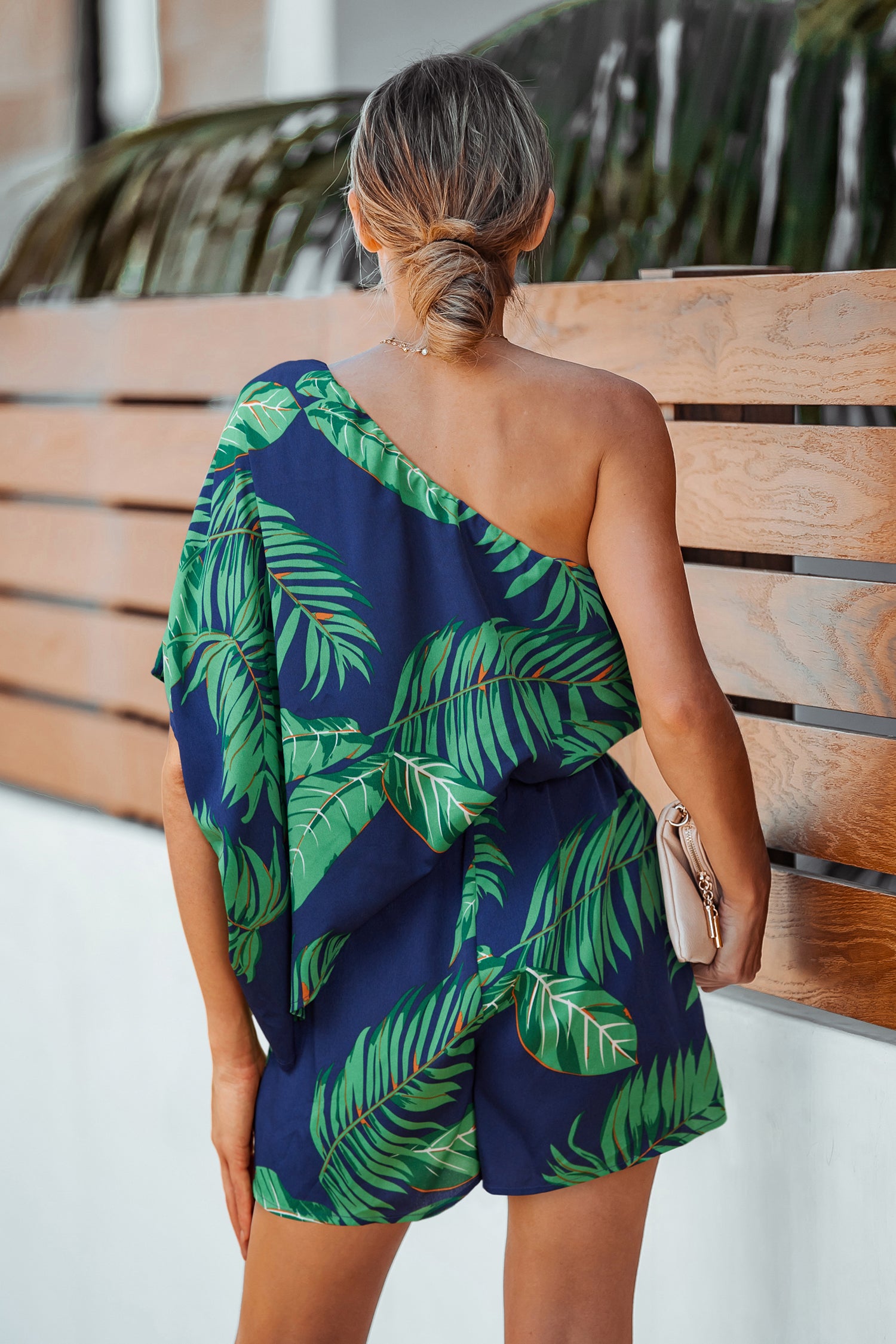 Navy Tropical One Shoulder Playsuit