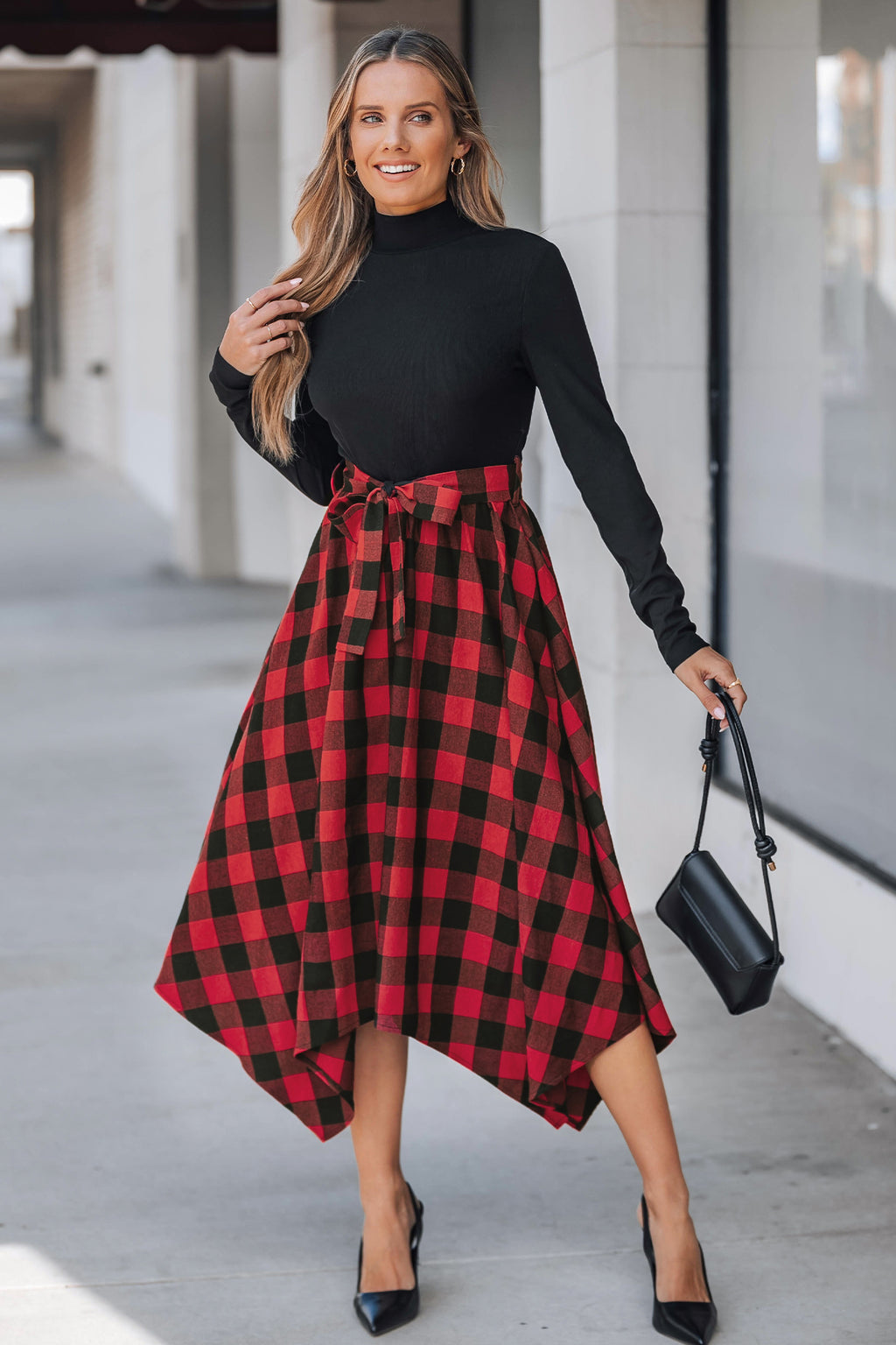Black Mockneck Top Plaid Handkerchief Hem Skirt Midi Dress