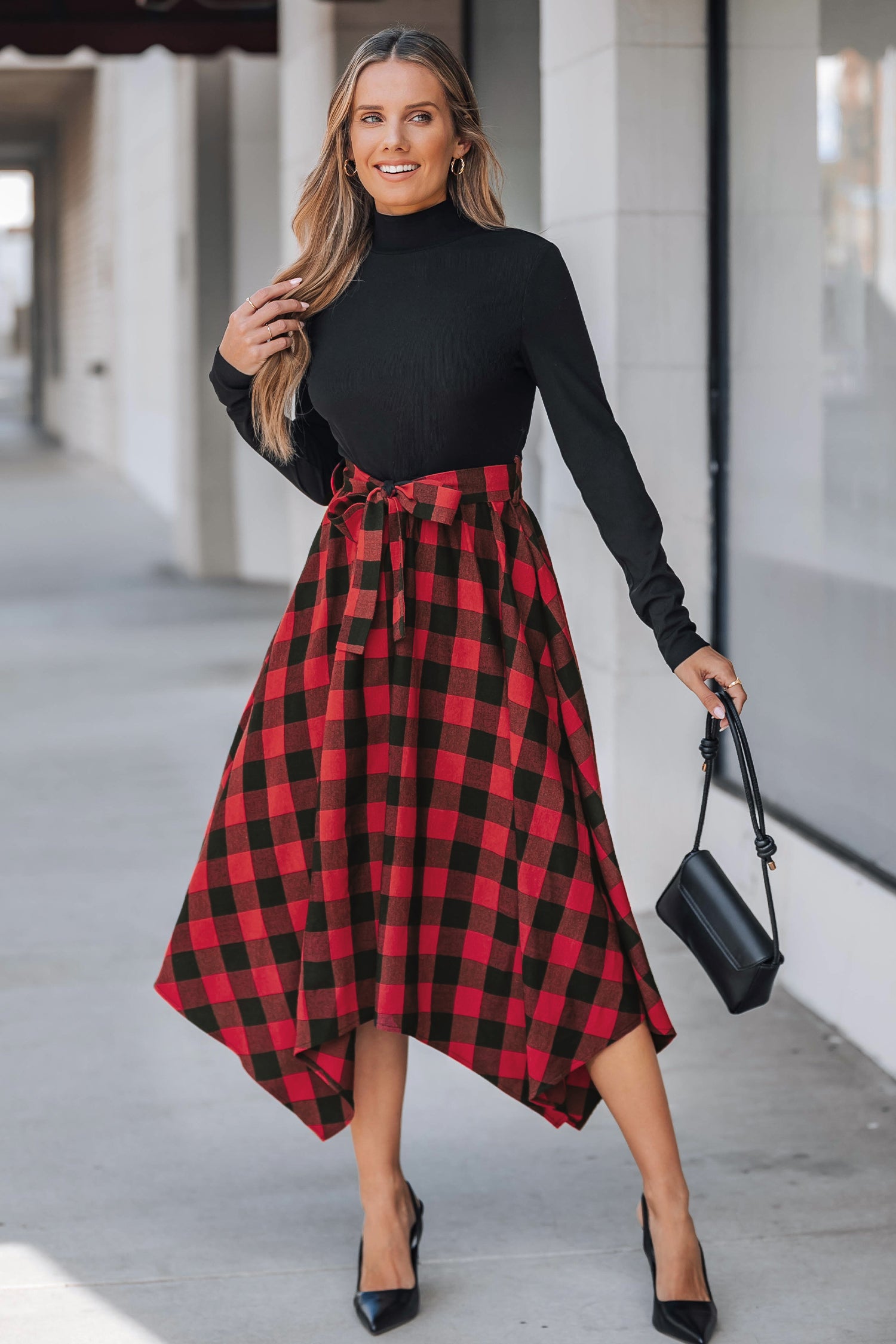 Black Mockneck Top Plaid Handkerchief Hem Skirt Midi Dress