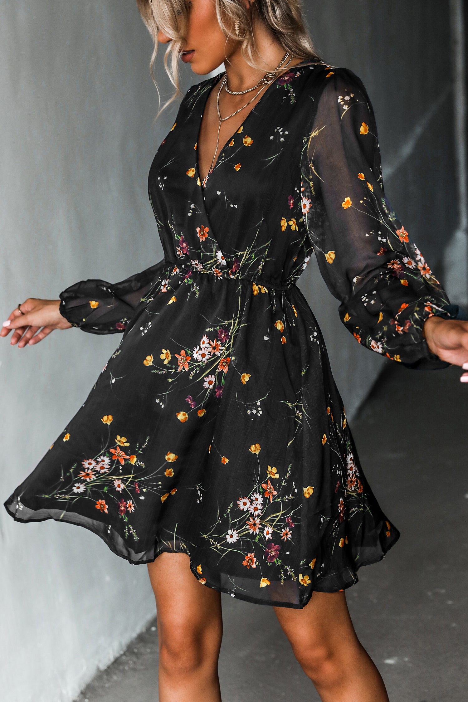 Black Floral Chiffon Long Sleeve Mini Dress