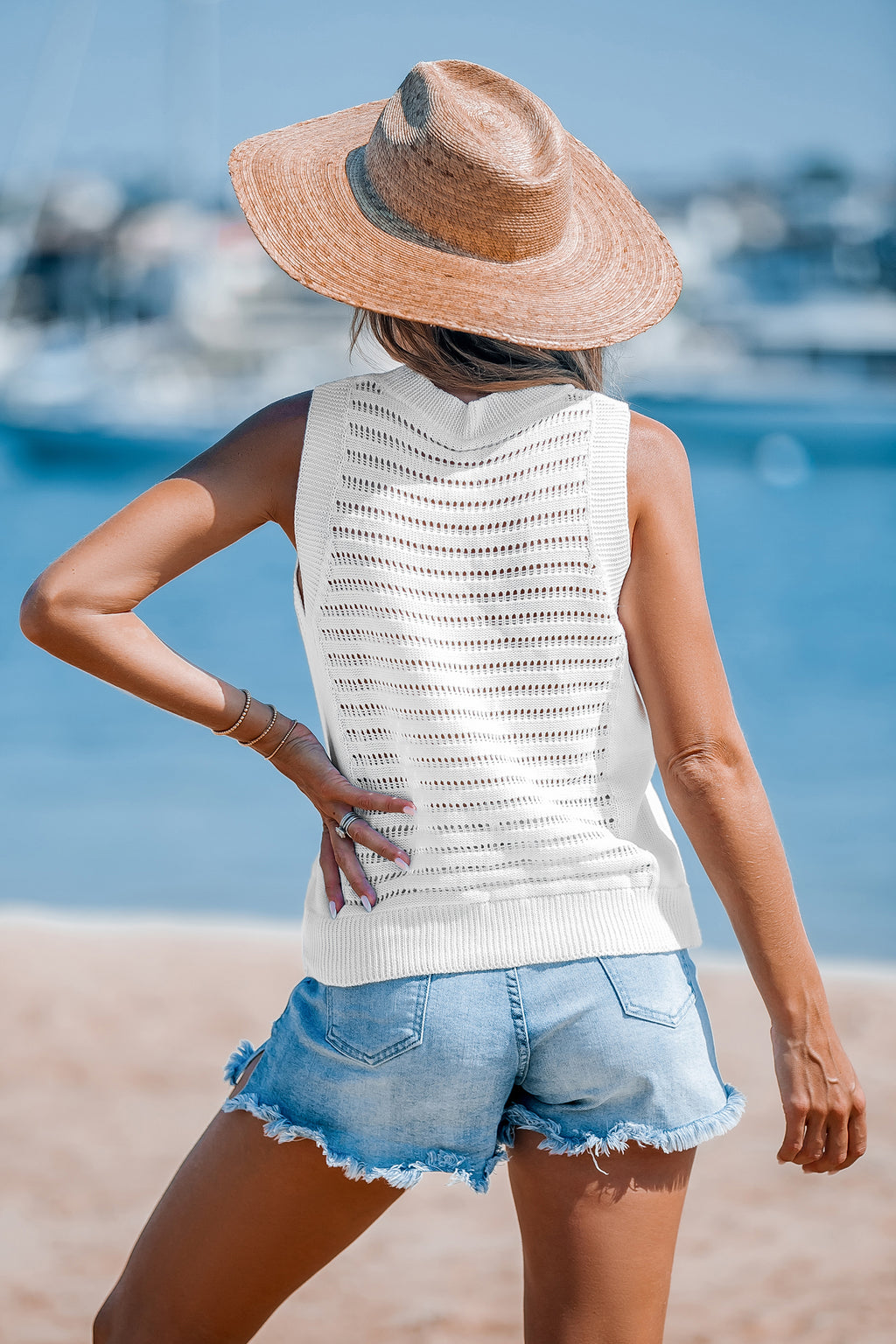 White Open Knit Round Neck Cover-Up Tank