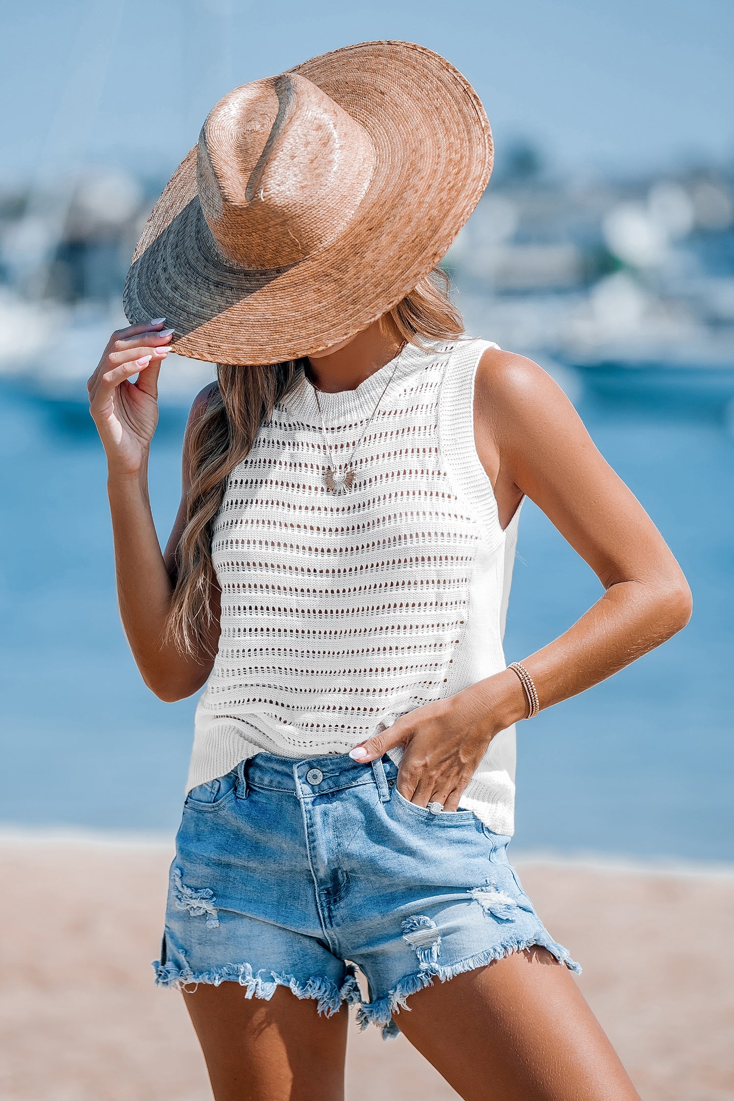 White Open Knit Round Neck Cover-Up Tank