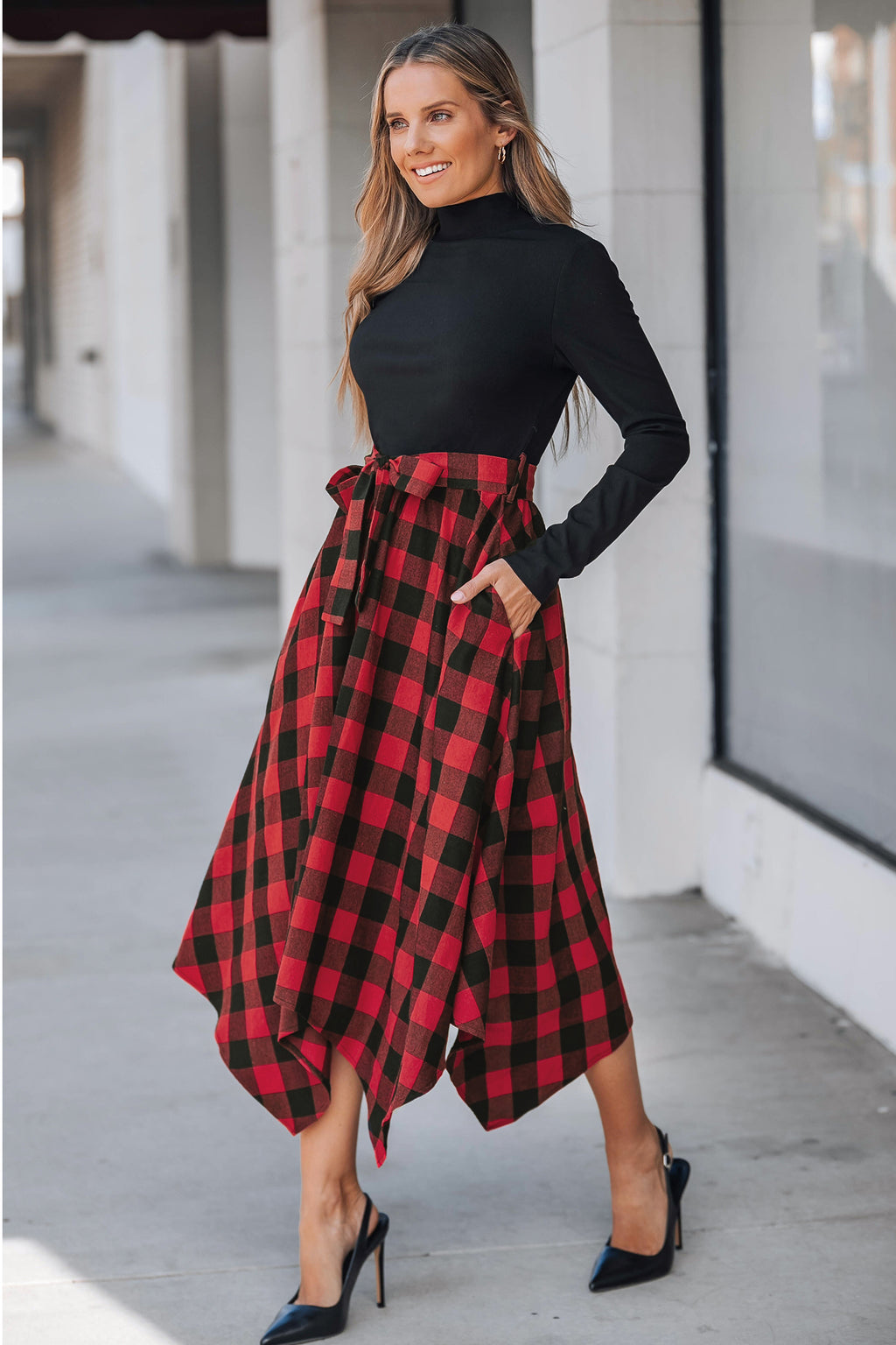 Black Mockneck Top Plaid Handkerchief Hem Skirt Midi Dress