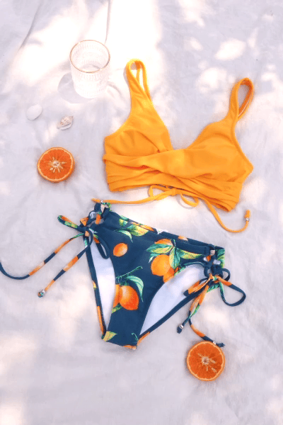 Yellow Twisted Front & Floral Print Tie Side Bikini Swimsuit