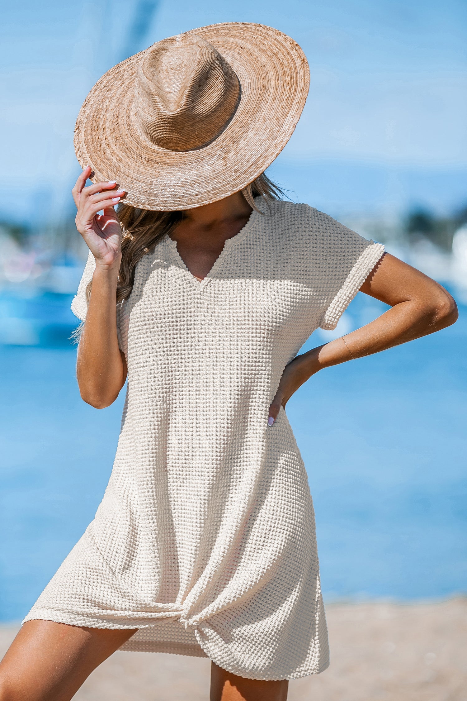 Beige Waffle Knit Short Sleeve Hem Twist Mini Cover-Up
